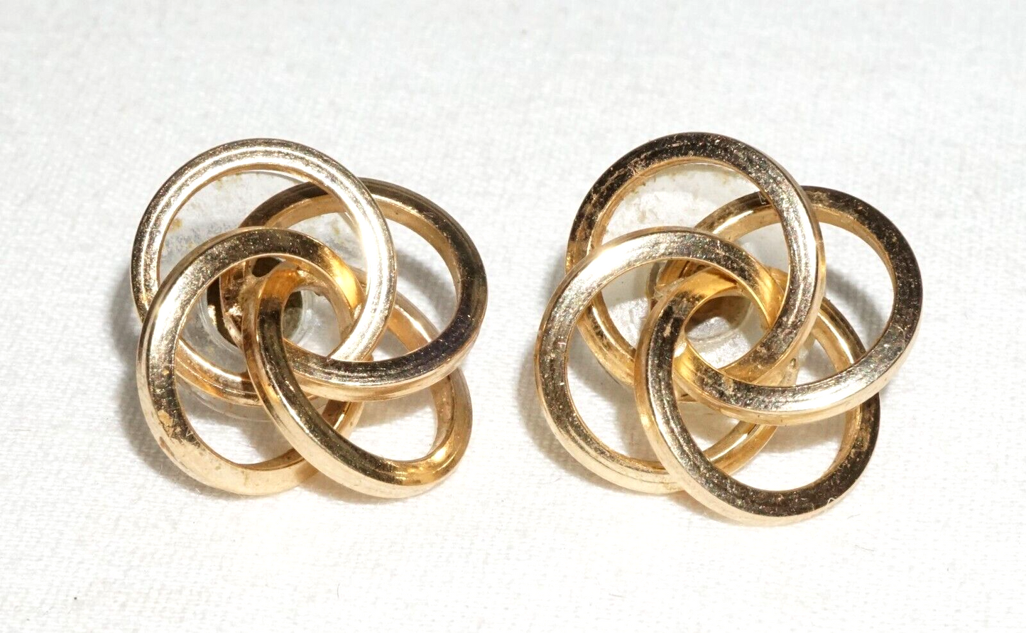Pair Vintage Modernist 14k Yellow Gold Quadruple Ring Design Earrings  (***)