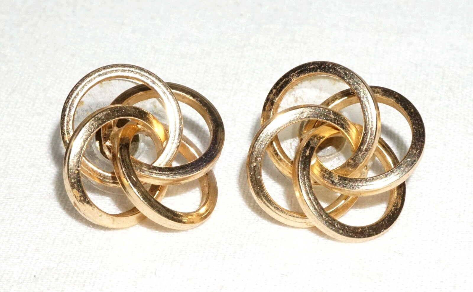 Pair Vintage Modernist 14k Yellow Gold Quadruple Ring Design Earrings  (***)