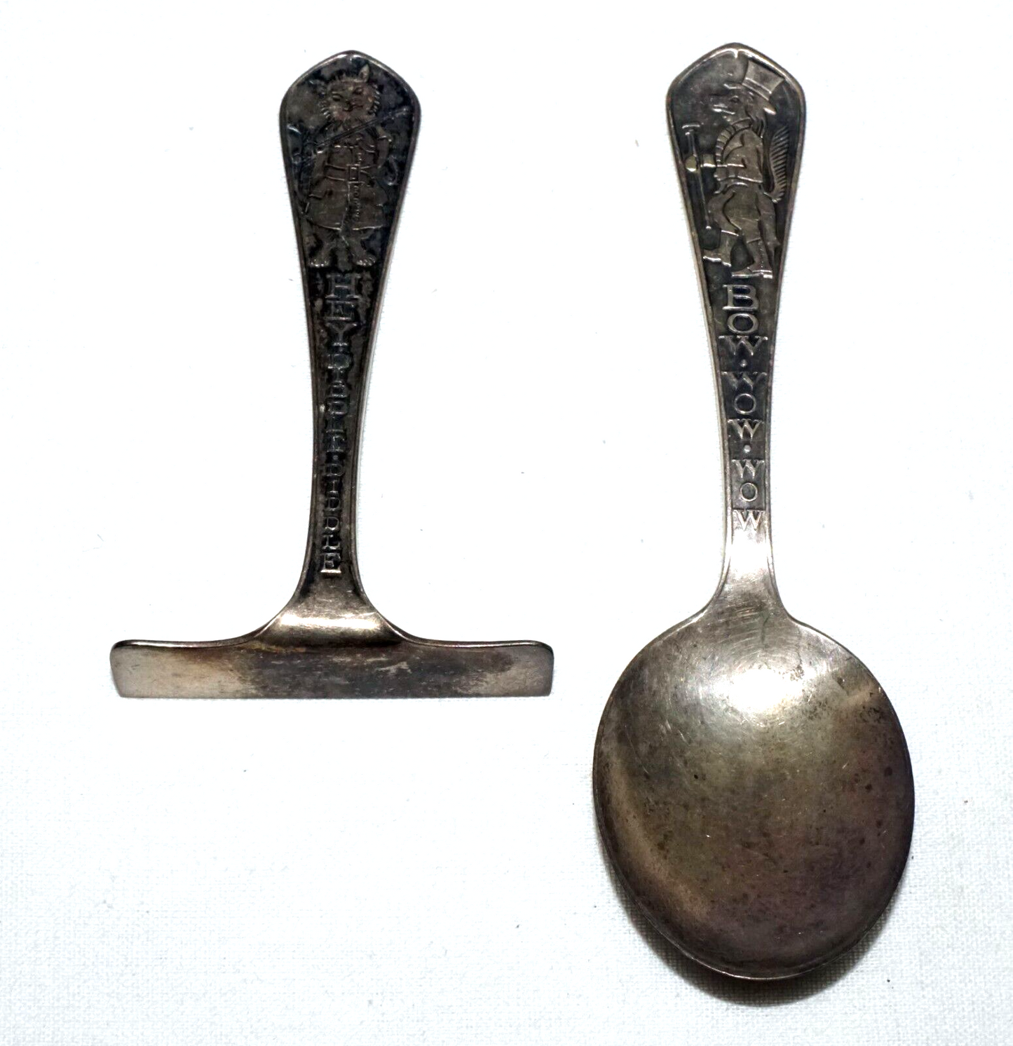 Pair 1930s US Sterling Silver Baby Utensils Bow Wow/ Hey Diddle McChesney  (CrT)