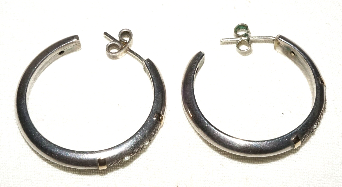 Pair Vintage US Silver Hoop Earrings w. Cubic Zirconia Accents (KiL)