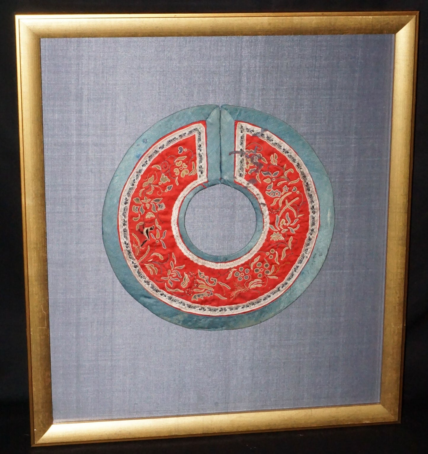 19C Chinese Framed Silk Brocade Embroidered Colar w Flower & Bird Motifs  (Mil) 