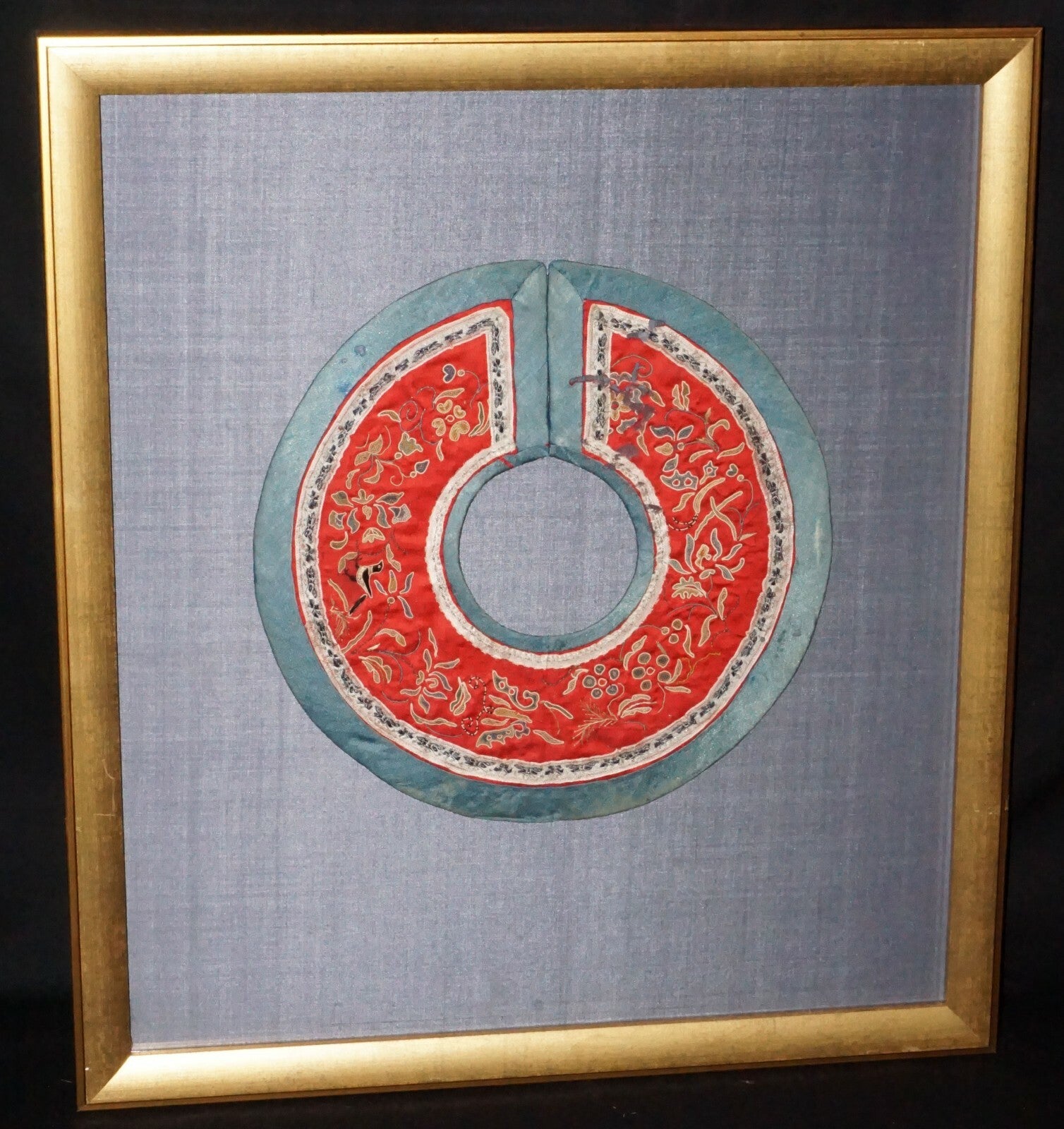 19C Chinese Framed Silk Brocade Embroidered Colar w Flower & Bird Motifs  (Mil) 