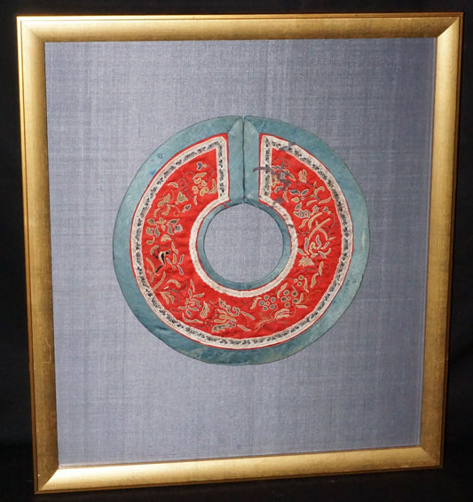 19C Chinese Framed Silk Brocade Embroidered Colar w Flower & Bird Motifs  (Mil) 