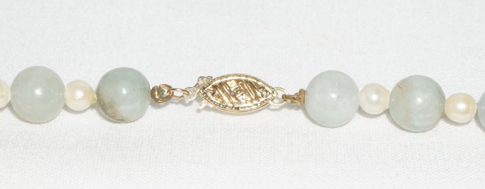 Vintage Chinese Jadeite Jade & Pearl Spacer Bead Necklace w. 14k Clasp  (---)