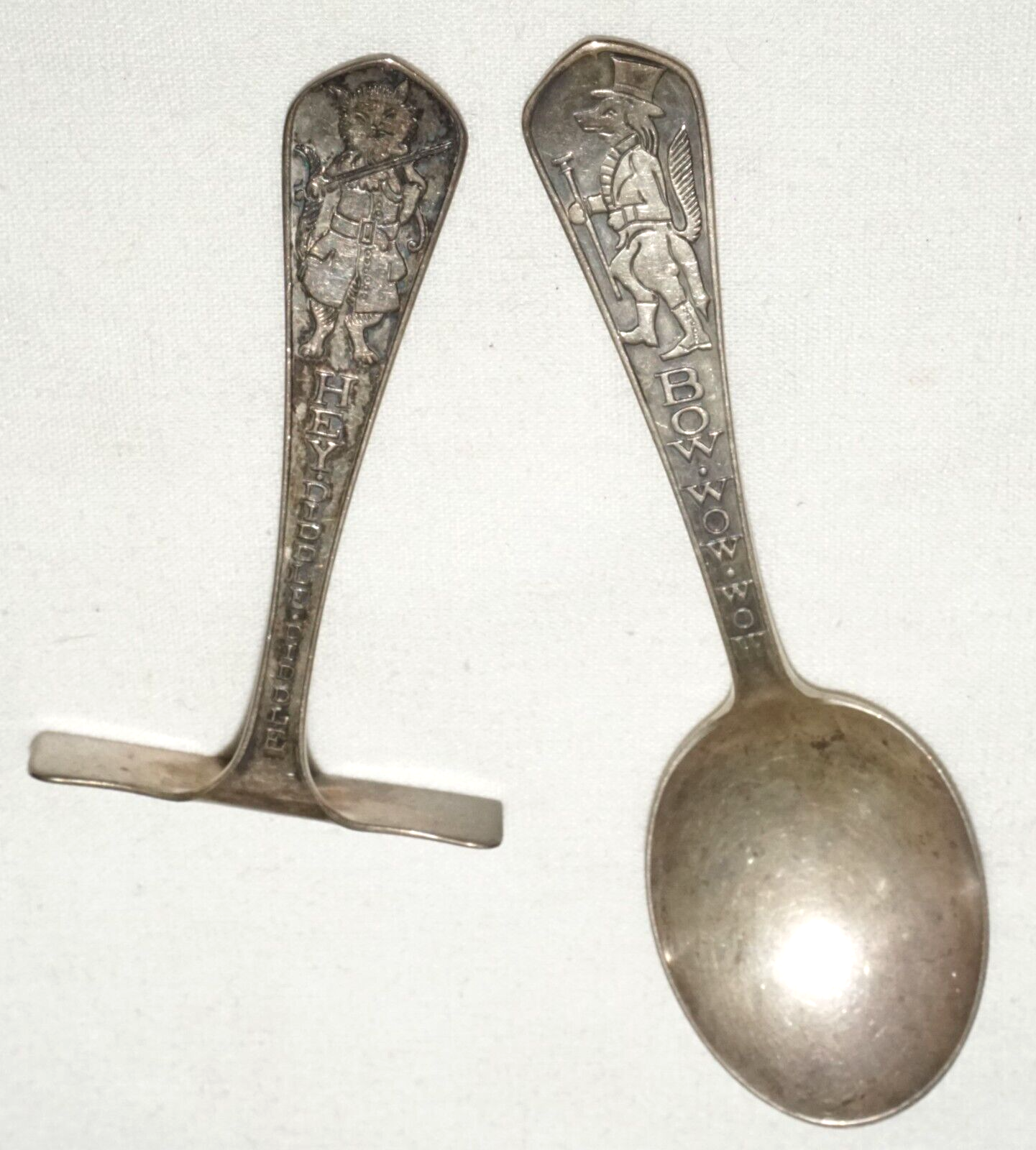 Pair 1930s US Sterling Silver Baby Utensils Bow Wow/ Hey Diddle McChesney  (CrT)
