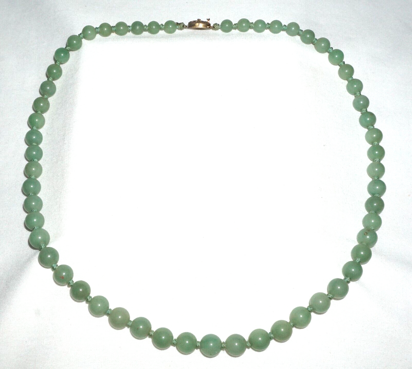 Vintage Chinese Celadon Green Jadeite Jade Bead Necklace w. Silver Clasp  (---)