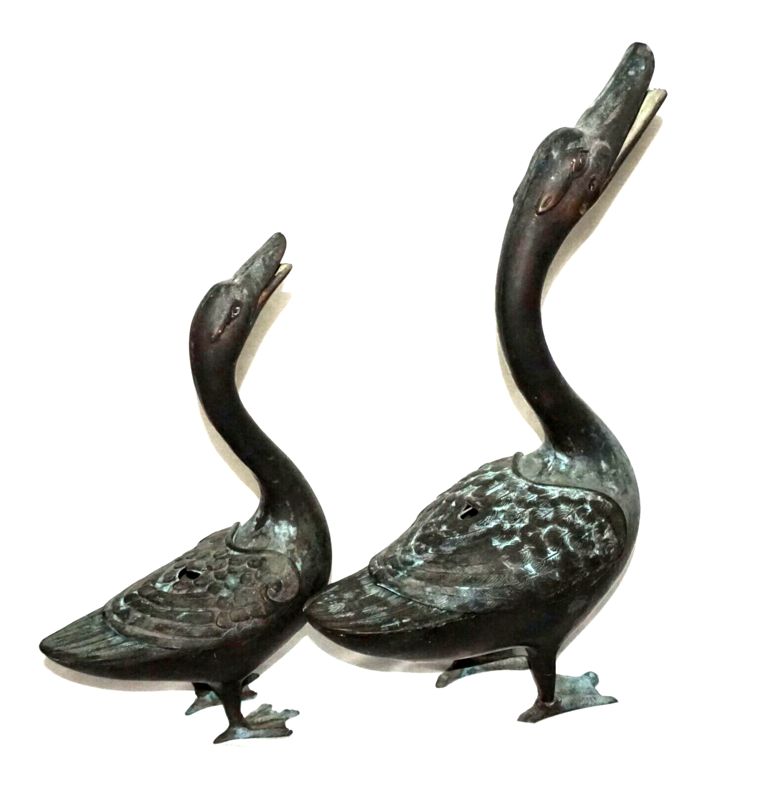 2Pc Chinese Bronze Incense Burners w. Squawking Geese Motif  (NiC)
