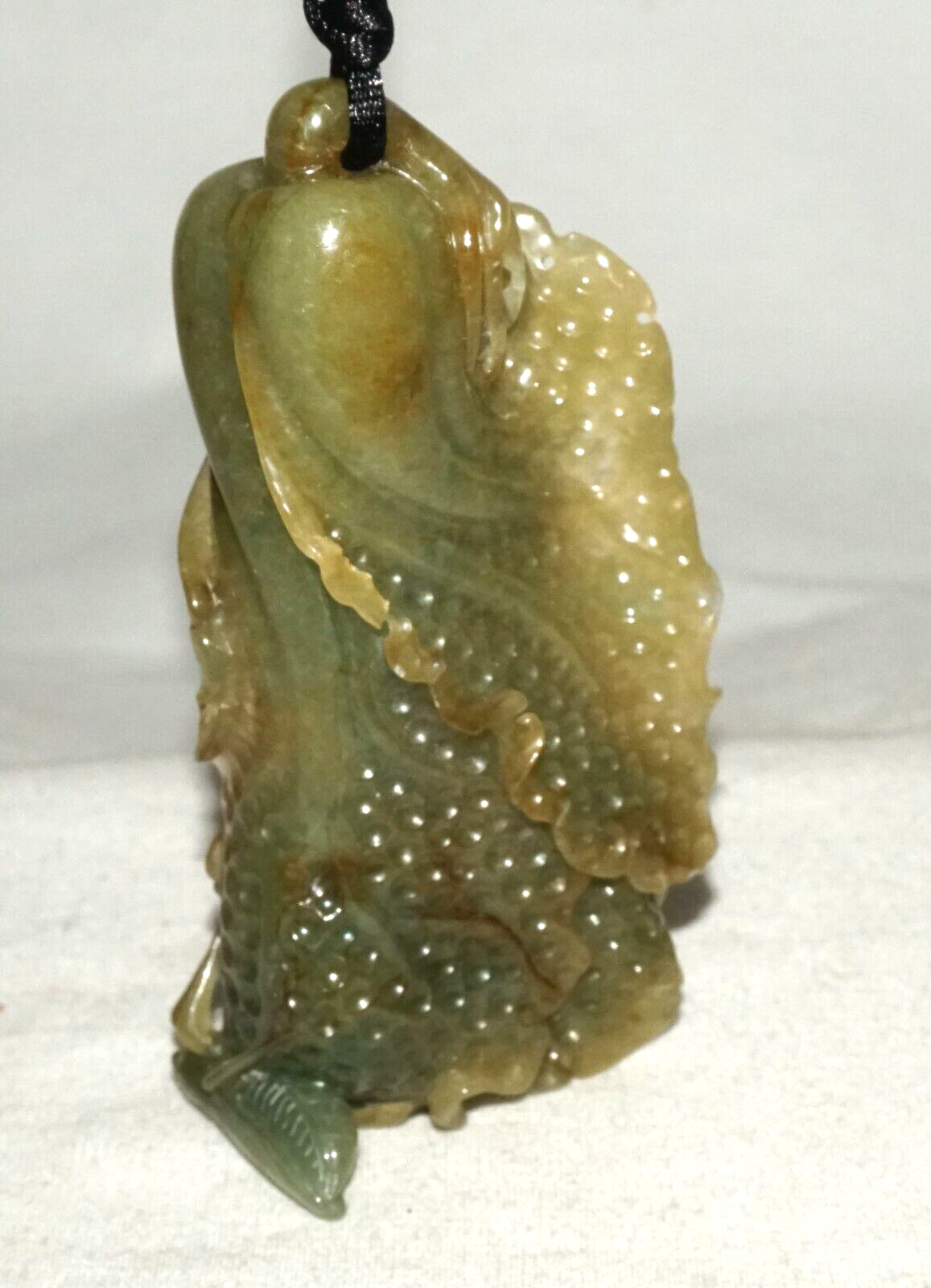 Vintage Chinese Green Jade Cabbage & Bug Motif Large Carved Pendant  (LeS)L20