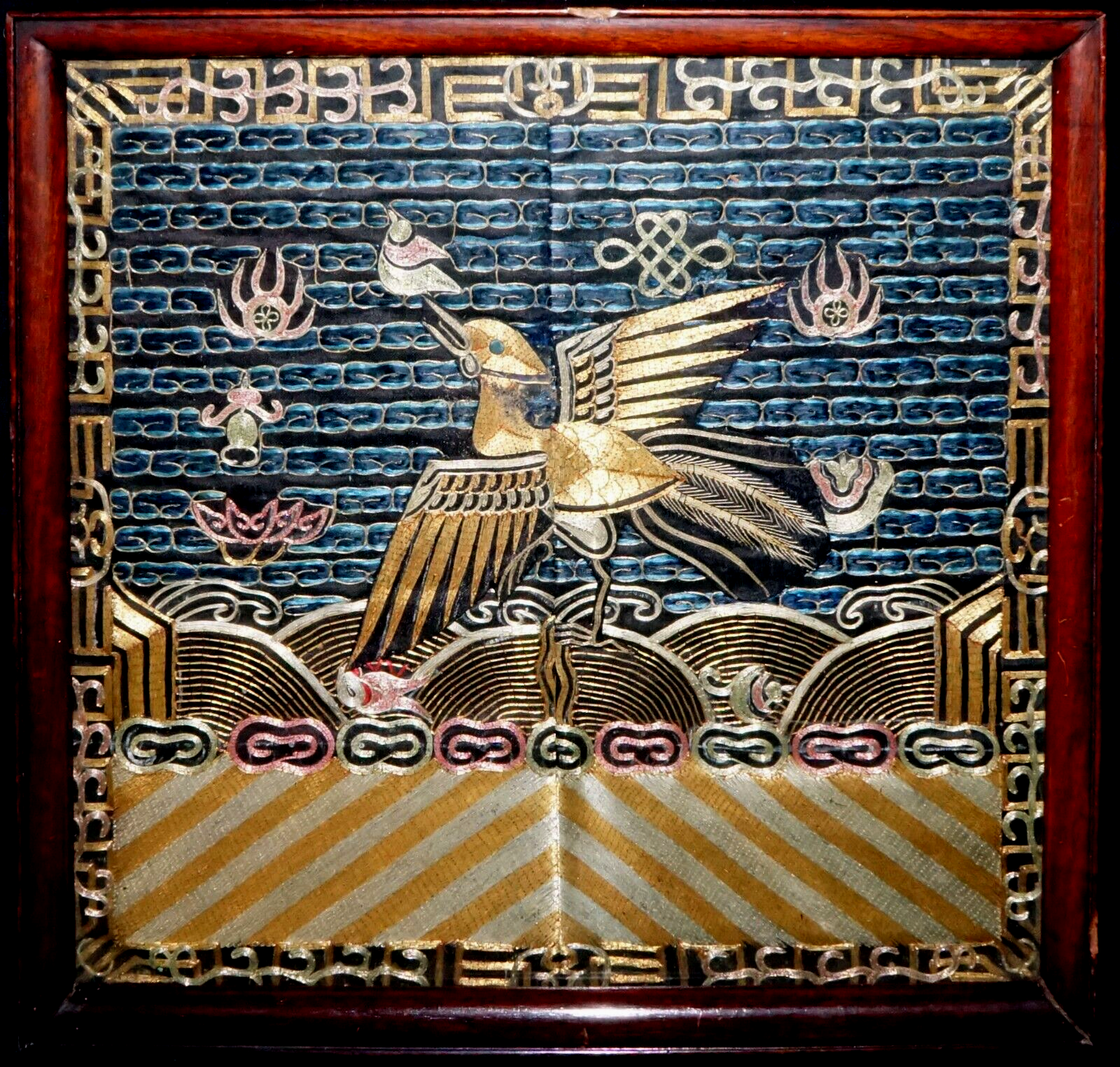 19C. Chinese Late Qing Framed Embroidered Mandarin Rank Badge Insignia (ChB)