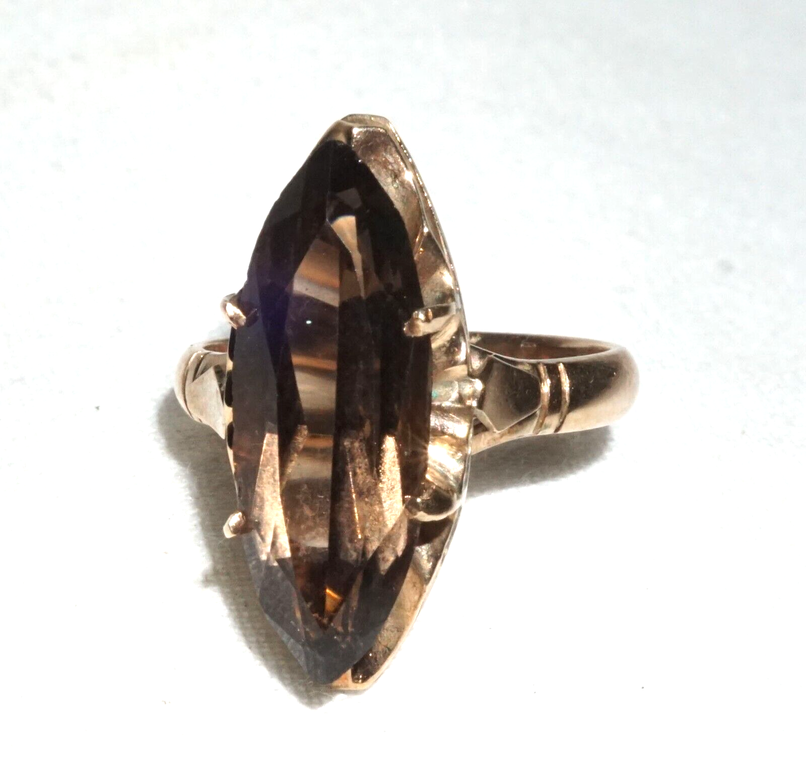 Vintage 14k Yellow Gold  Ring Sz.5.5 set 1x Marquise Cut Smoky Quartz (BrM)L3
