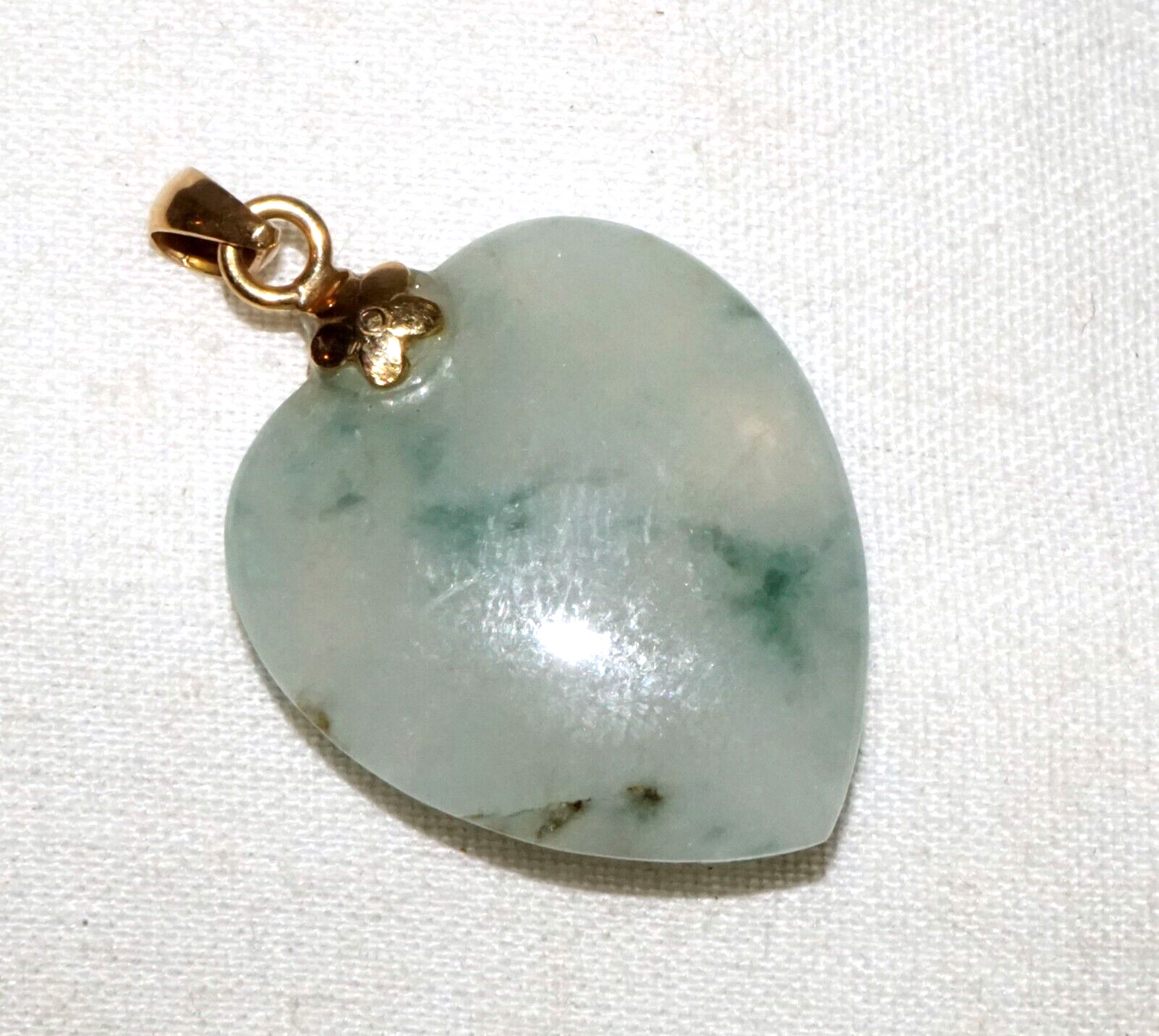 Vintage Chinese 14k Yellow Gold Translucent Jadeite Jade Heart Pendant  (InS)L6