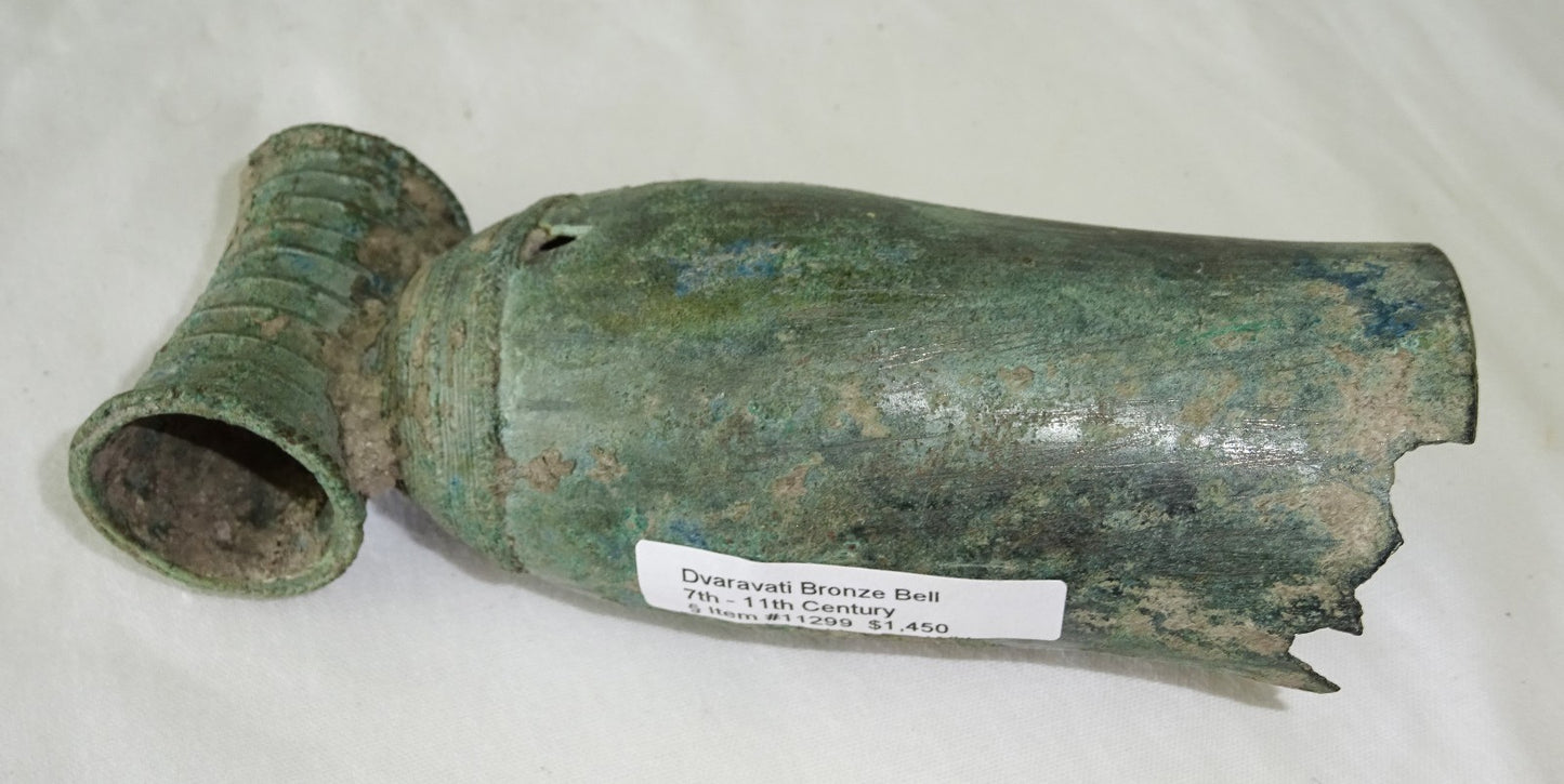 7-11C Thai Dvaravati Period Lop Buri Bronze Bell w. Tube Holder - Excavated(Mil)