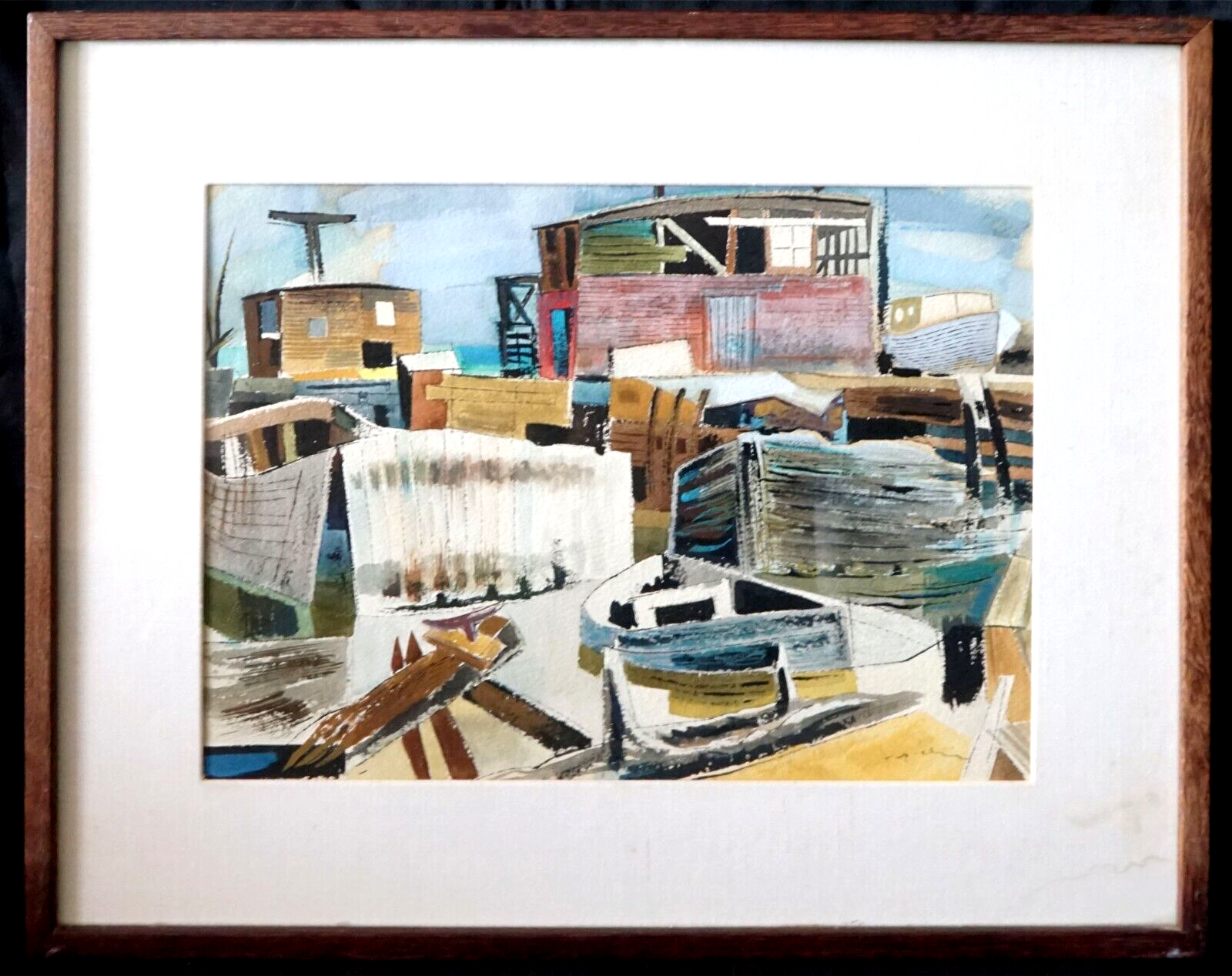 1948 Hawaii Watercolor Painting Boat Harbor I by Keiichi Kimura (1914-88) (PeNe