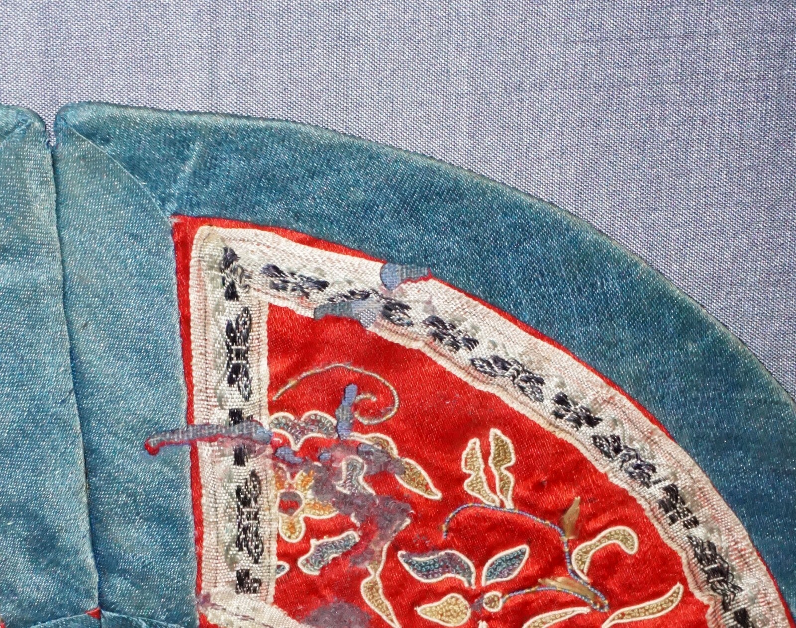 19C Chinese Framed Silk Brocade Embroidered Colar w Flower & Bird Motifs  (Mil) 