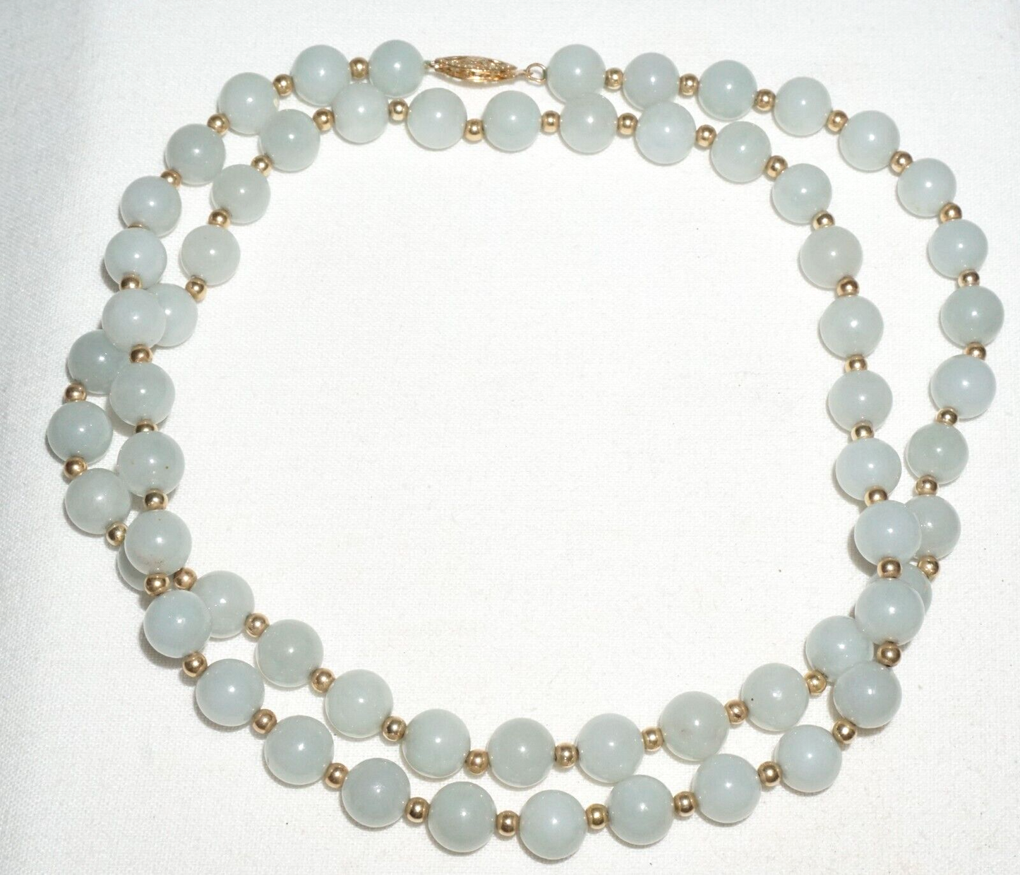 Vintage Chinese Jadeite Jade & Gold Spacer Bead Necklace w. 14k Clasp  (---)