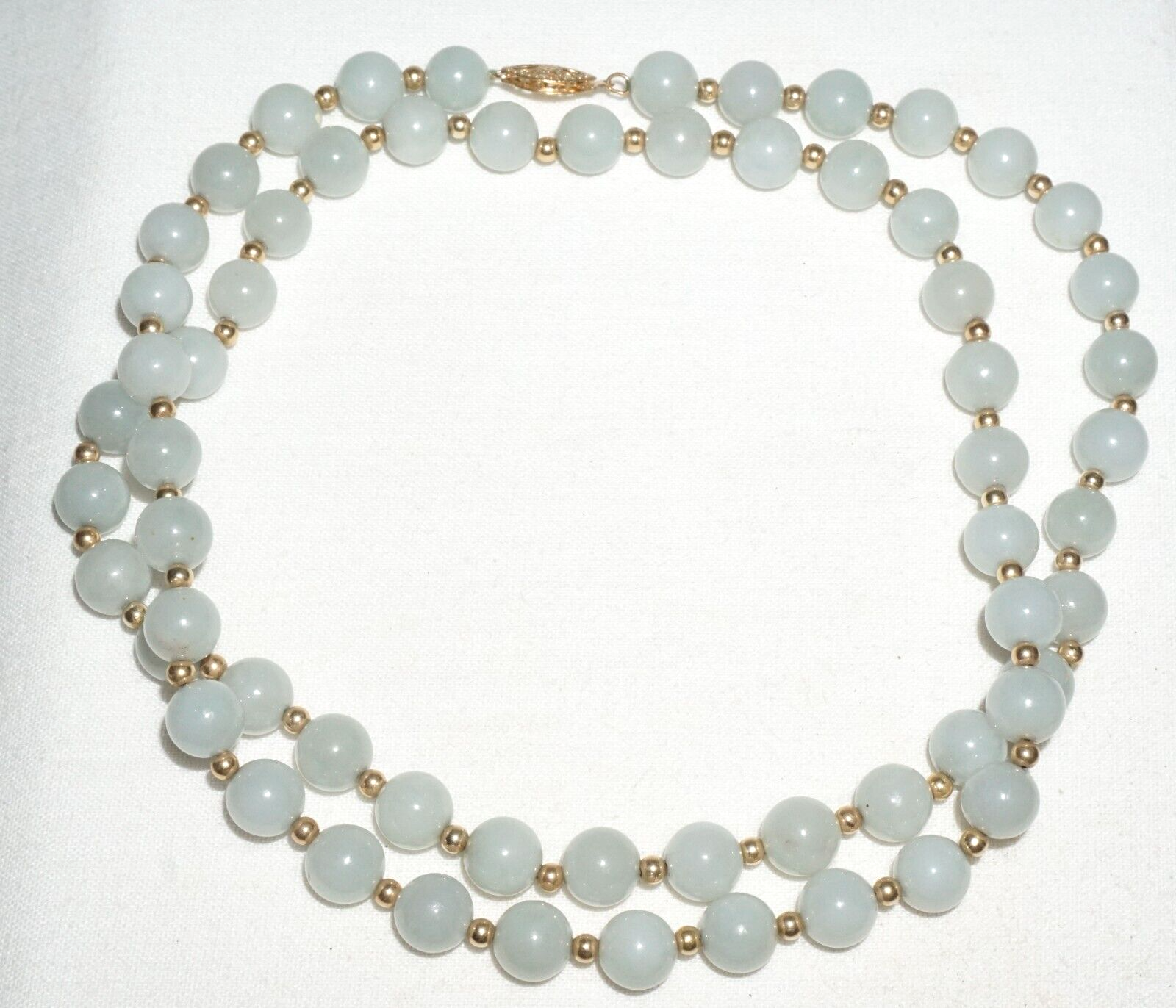 Vintage Chinese Jadeite Jade & Gold Spacer Bead Necklace w. 14k Clasp  (---)