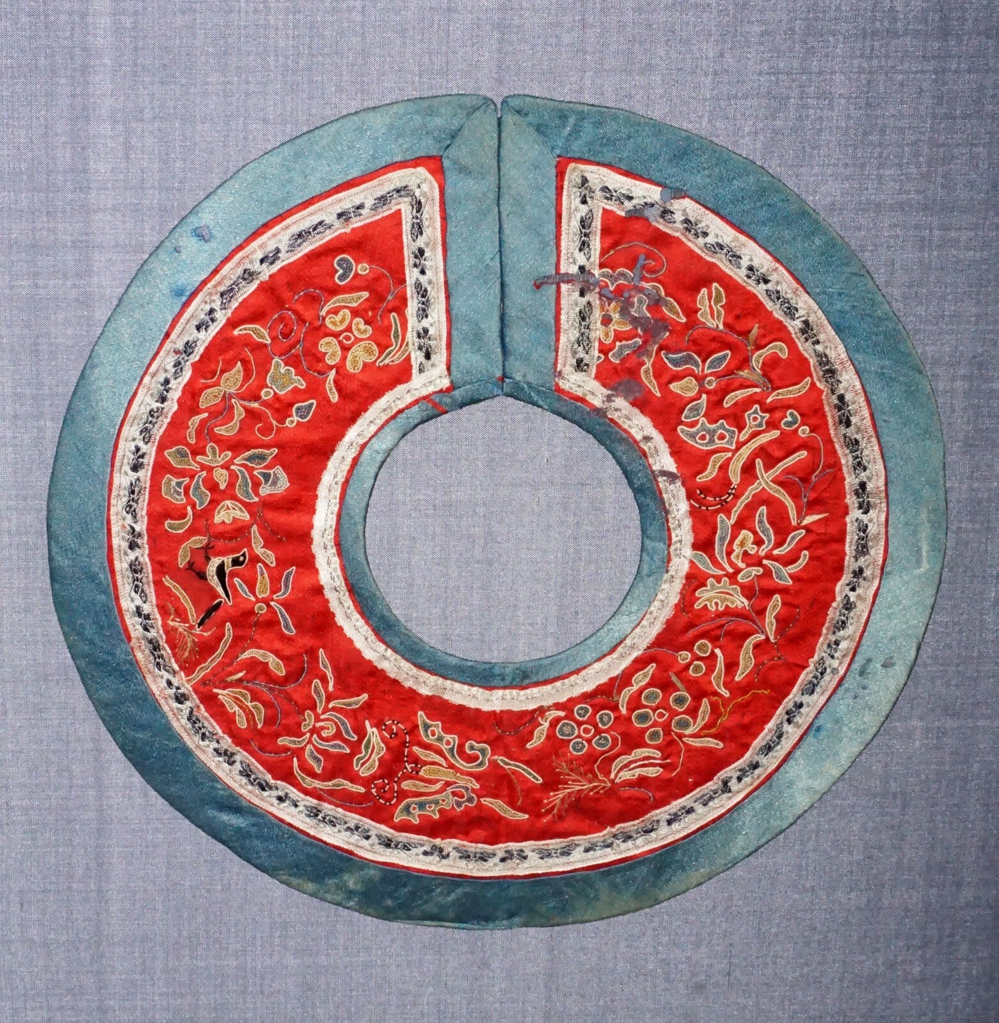 19C Chinese Framed Silk Brocade Embroidered Colar w Flower & Bird Motifs  (Mil) 