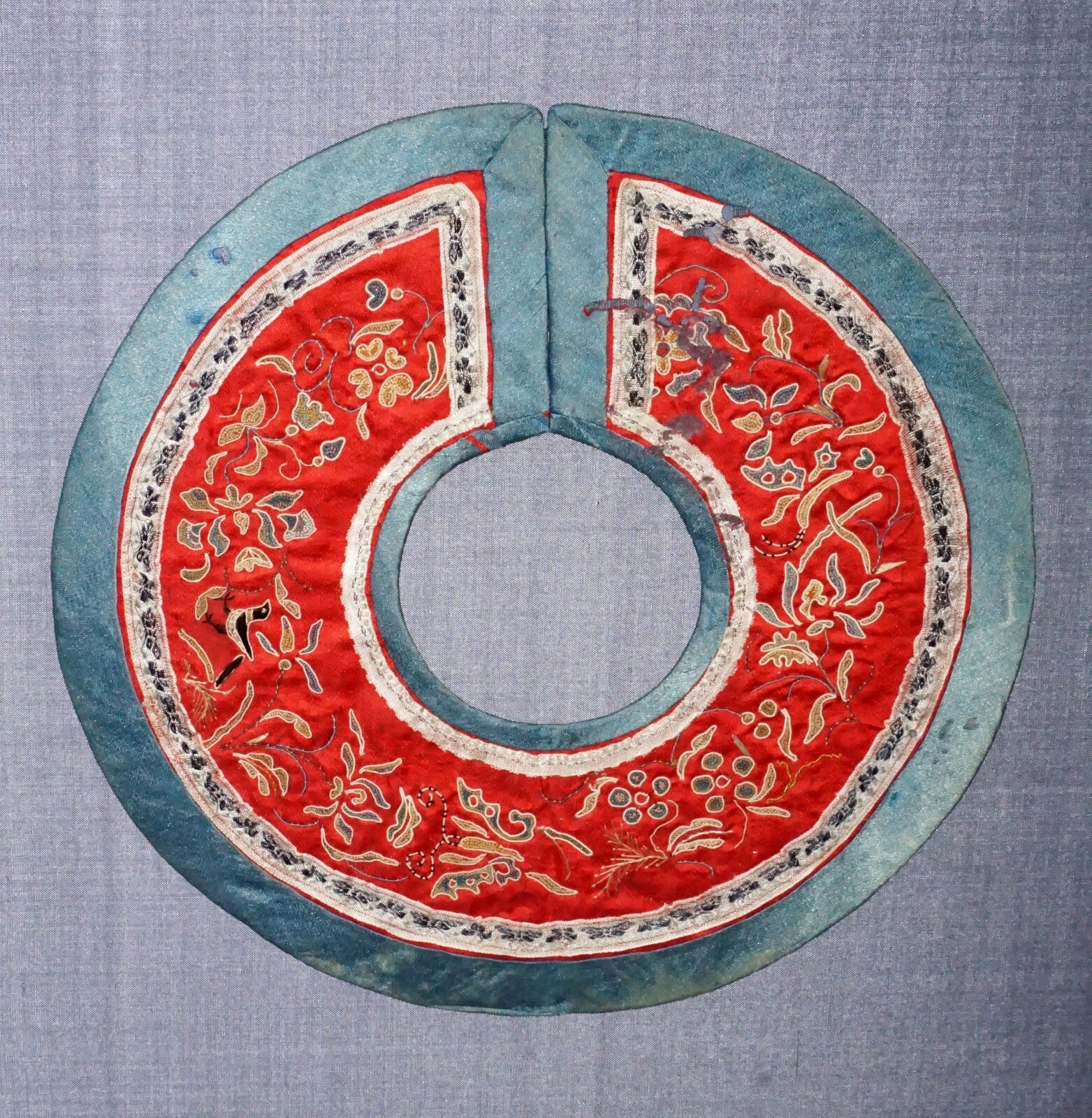 19C Chinese Framed Silk Brocade Embroidered Colar w Flower & Bird Motifs  (Mil) 