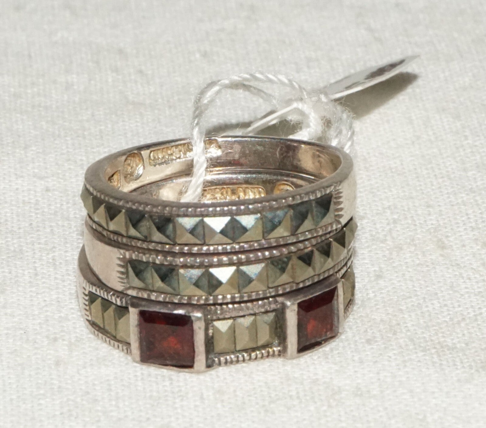 3Pc Thai Sterling Silver Rings Sz.6/6.25 Marcasite & Garnet Accents  (KiL)