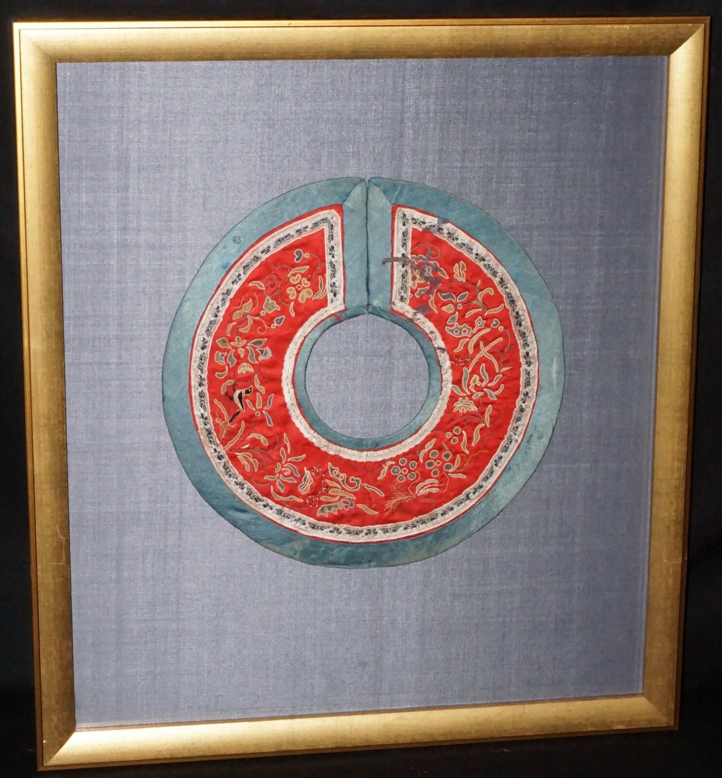 19C Chinese Framed Silk Brocade Embroidered Colar w Flower & Bird Motifs  (Mil) 