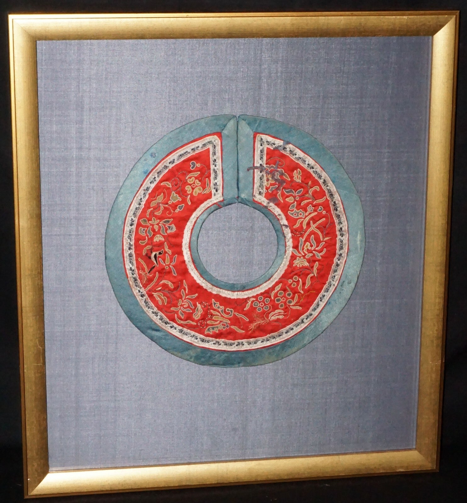 19C Chinese Framed Silk Brocade Embroidered Colar w Flower & Bird Motifs  (Mil) 