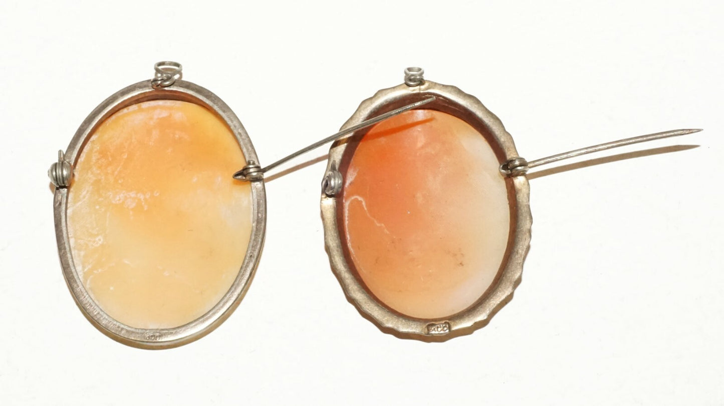 2Pc Italian 800 Silver Shell Cameo's Brooch Pendant w Female Bust Motif  (HaY)#7