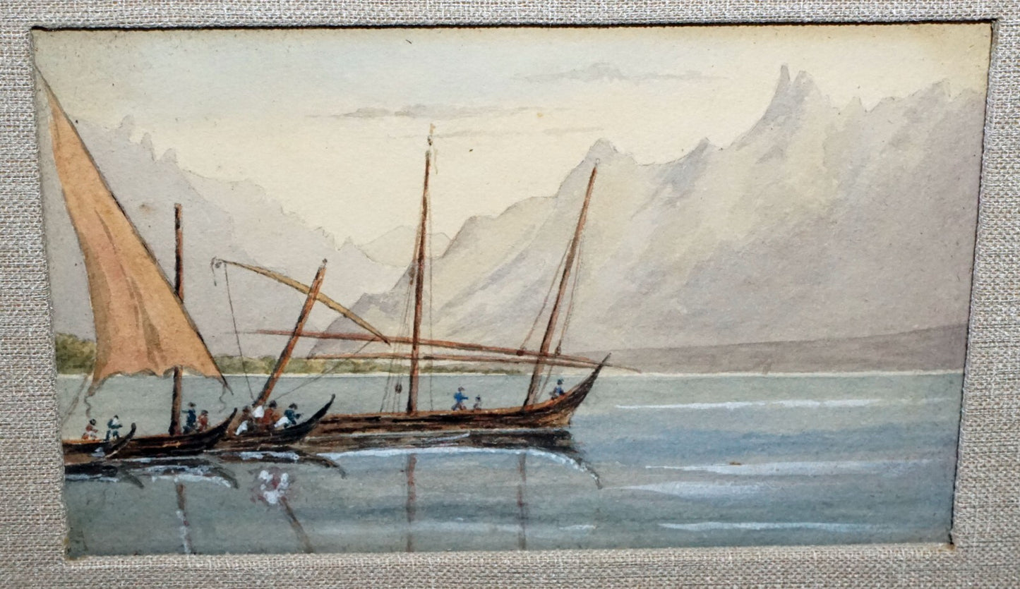 Antique Italian Miniature Gouache Painting Coastal Fisherman & Boats  (New)
