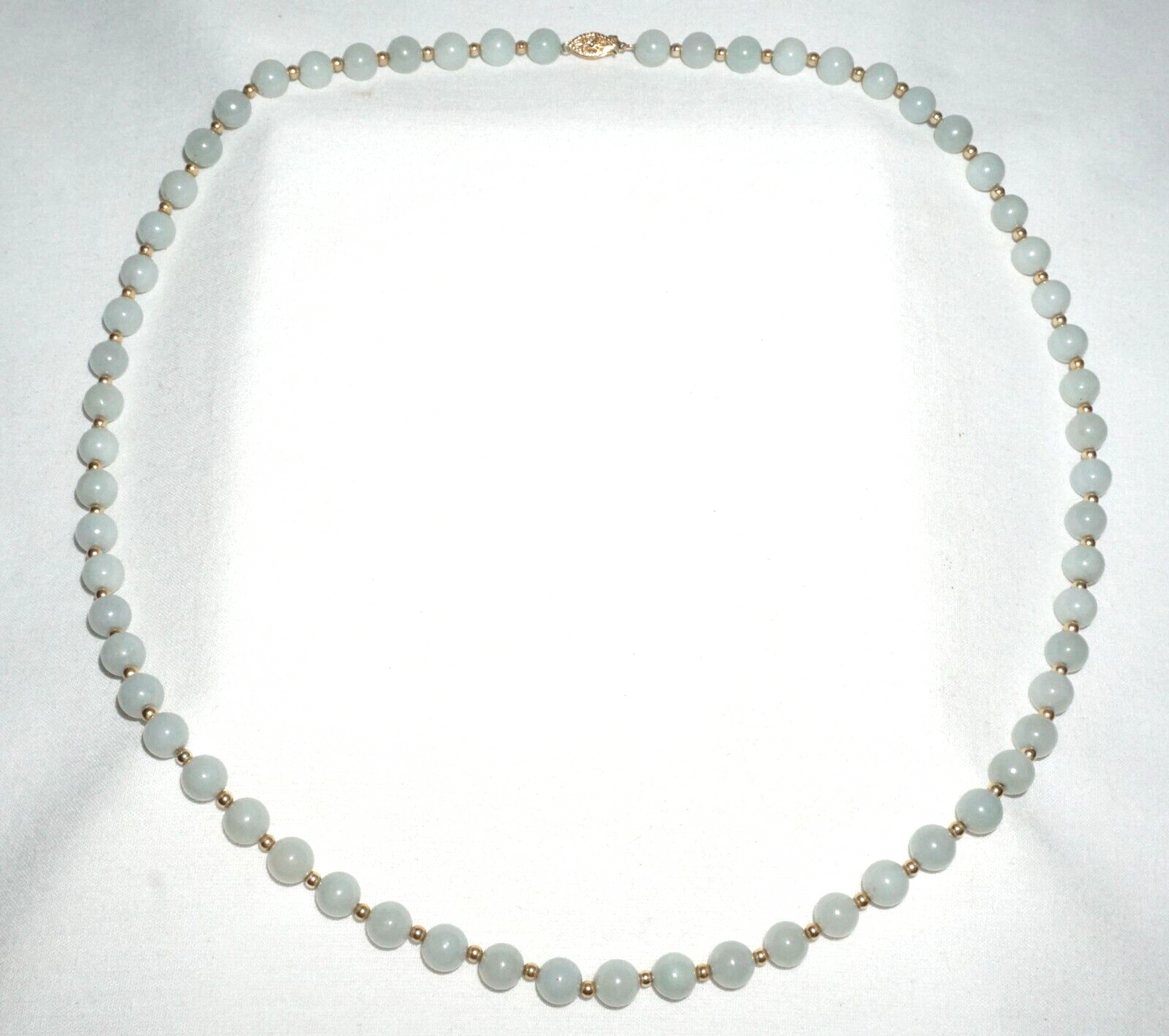 Vintage Chinese Jadeite Jade & Gold Spacer Bead Necklace w. 14k Clasp  (---)
