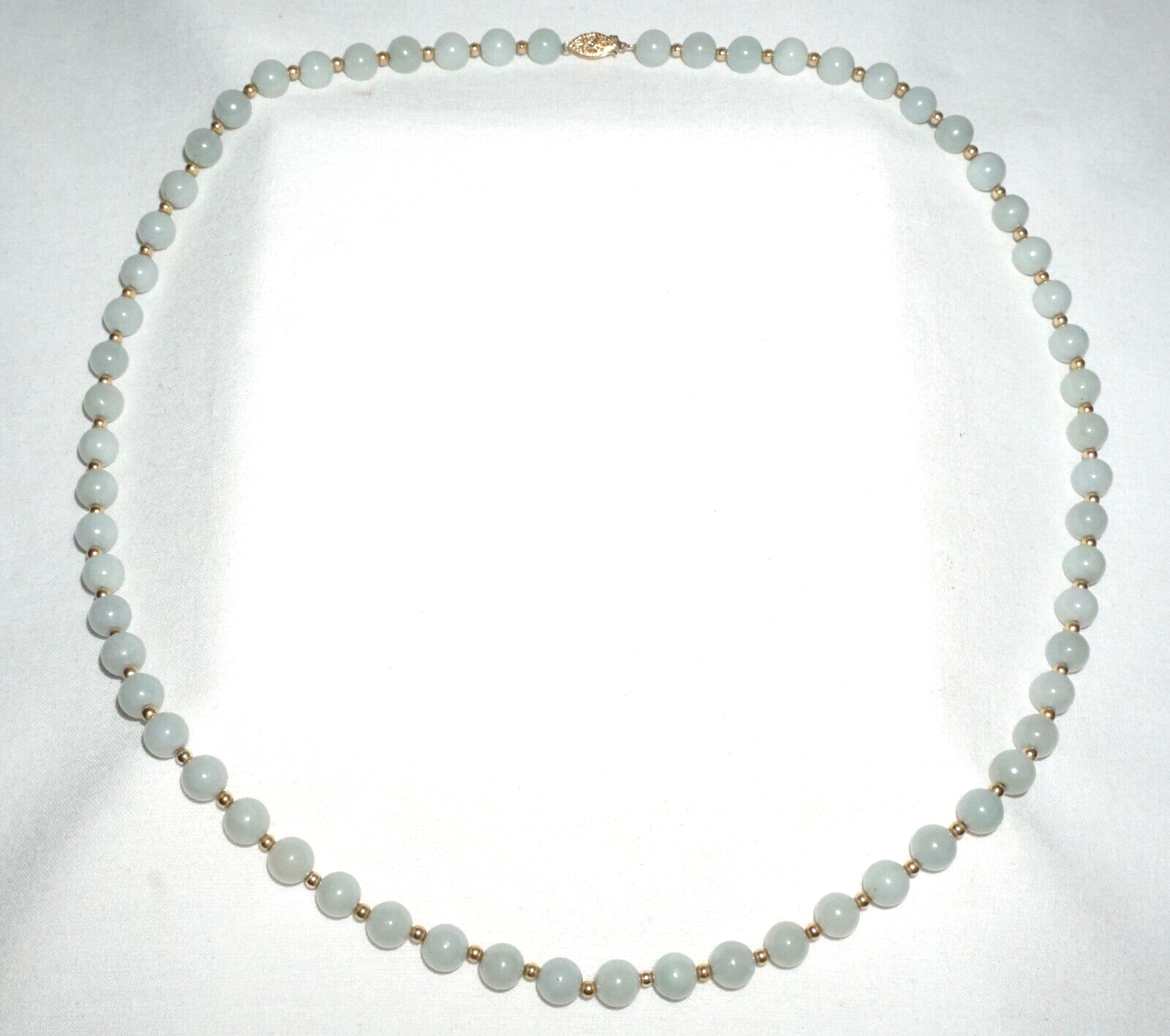 Vintage Chinese Jadeite Jade & Gold Spacer Bead Necklace w. 14k Clasp  (---)