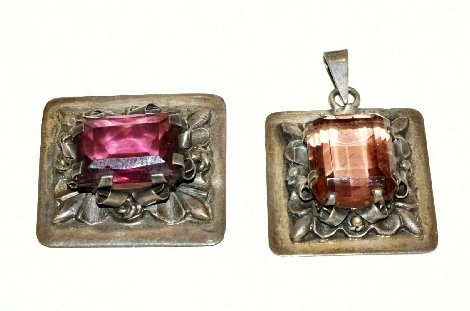 2Pc Vintage Brutalist Style Brooch & Pendant w. Tourmaline Accents  (BrM)#31