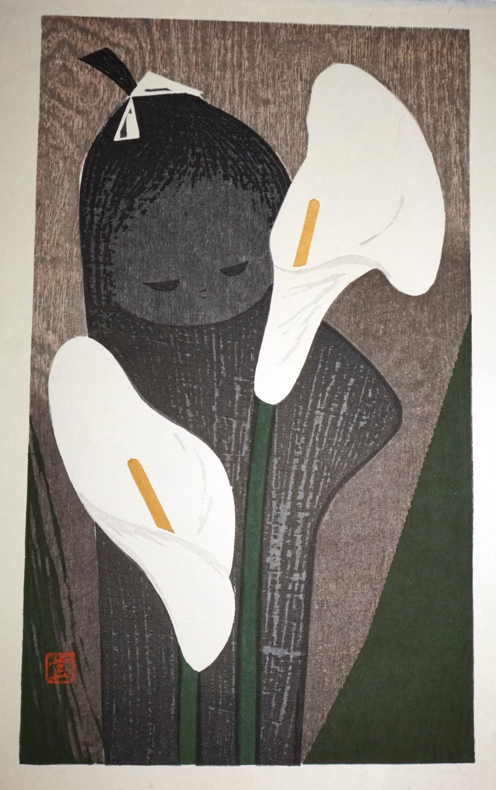 1950s Japanese Woodblock Print Girl & Anthuriums  Kawano Kaoru (1916-1965)(KiL)4