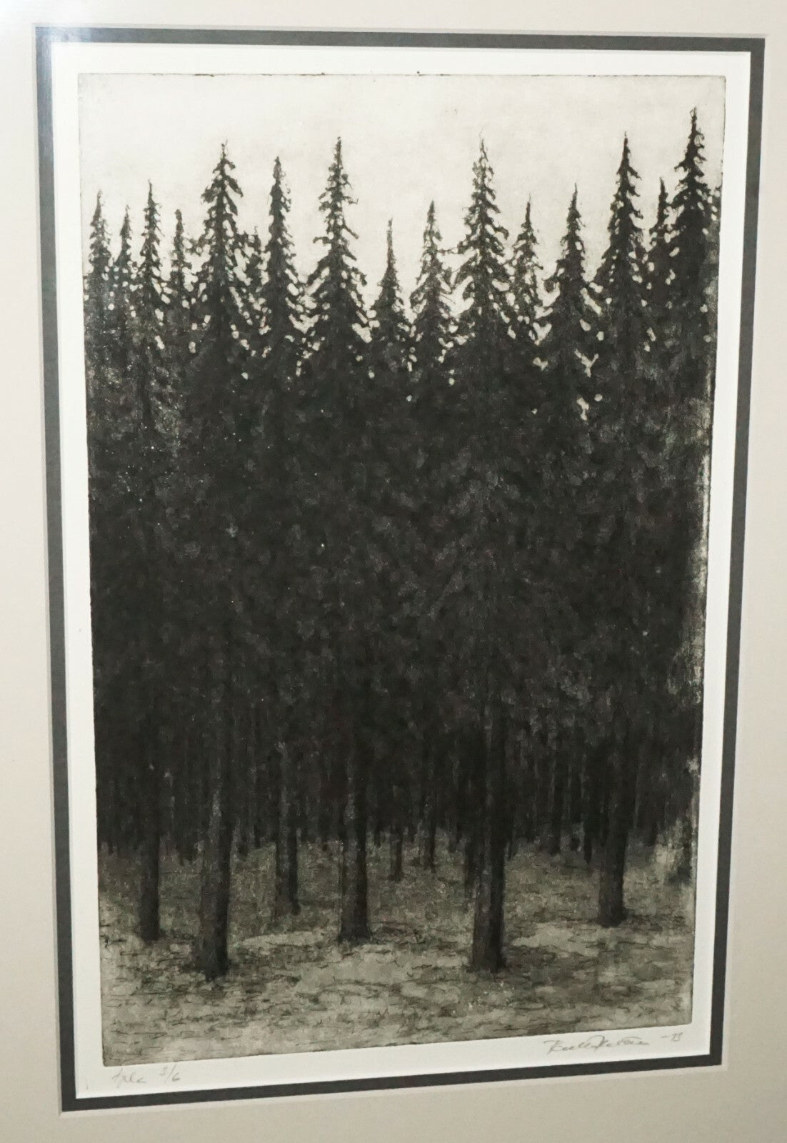 1993 US Framed Aquatint Print 3/6 "Thick Pine Forest"  by illegible signed (CWo)