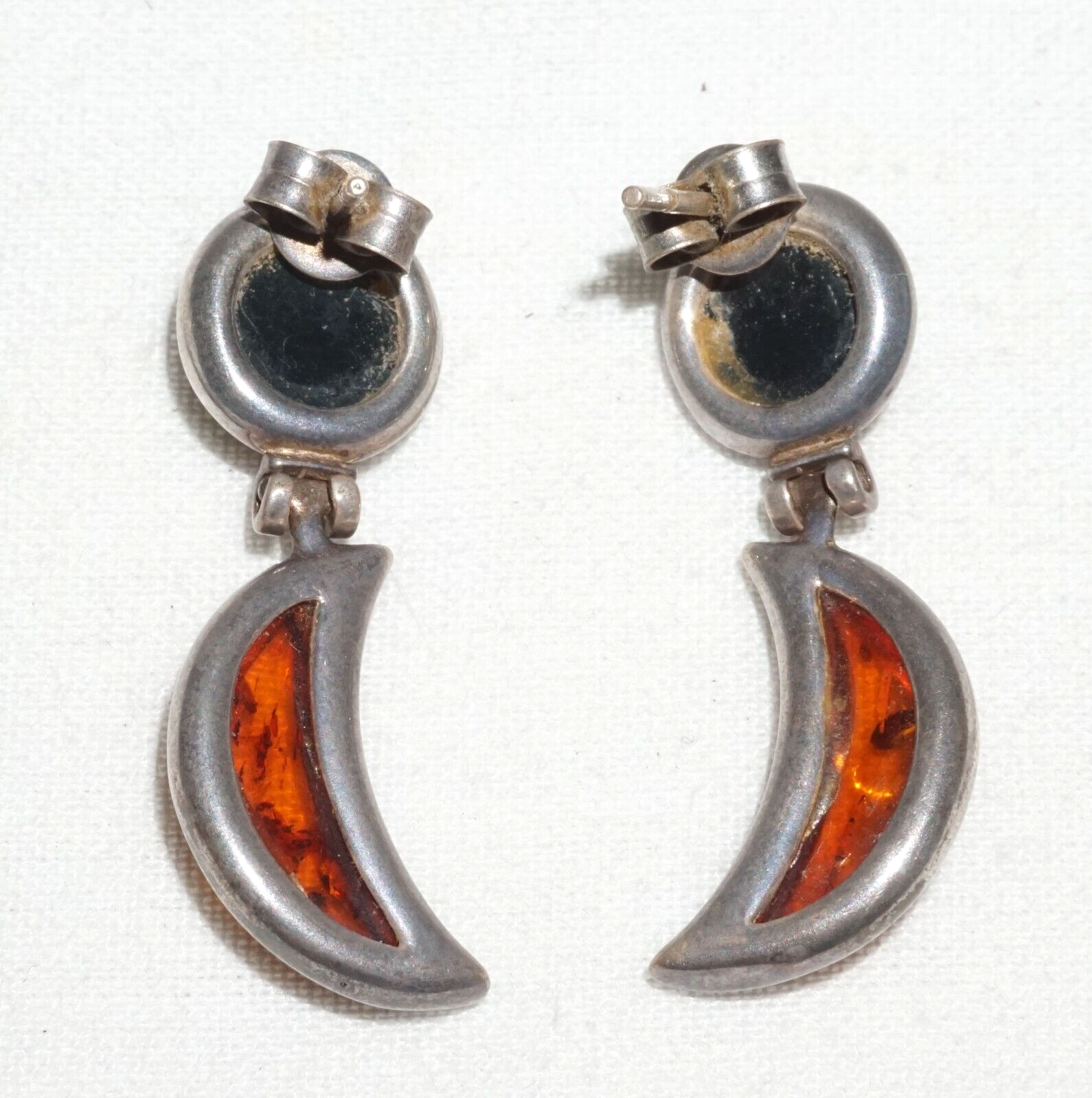 Pair Vintage Sterling Silver & Amber Hinged Dangle Earrings  (JoD)