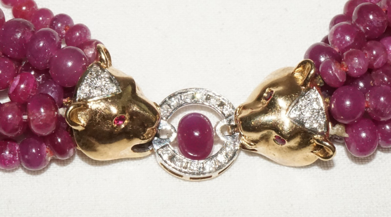 Vintage 7x Strand Ruby Bead Necklace w. 14k Y. Gold Double Leopard Clasp  (LeD)