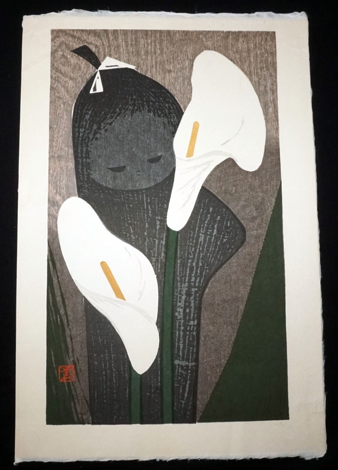 1950s Japanese Woodblock Print Girl & Anthuriums  Kawano Kaoru (1916-1965)(KiL)4