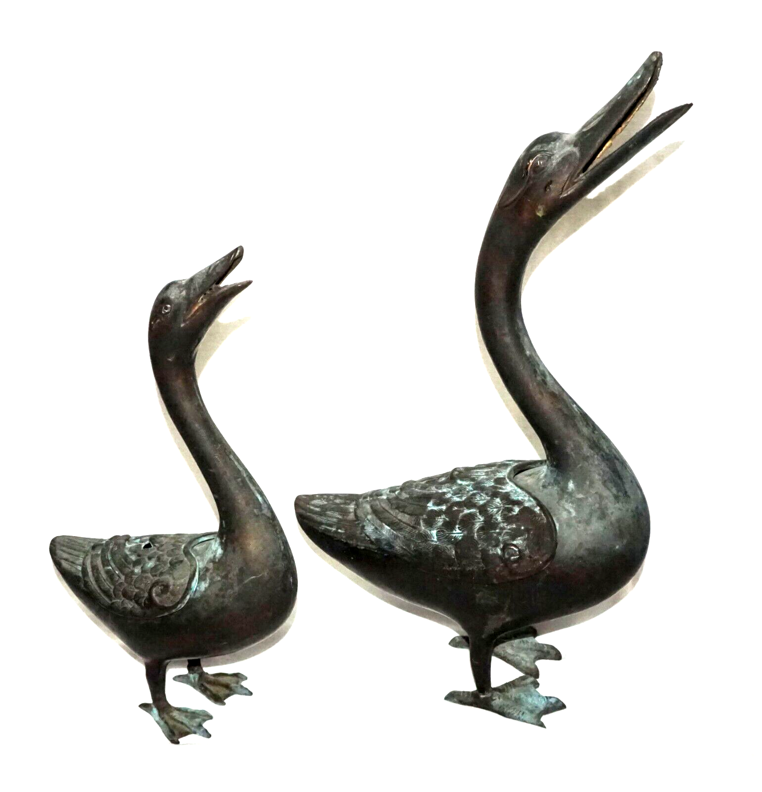 2Pc Chinese Bronze Incense Burners w. Squawking Geese Motif  (NiC)