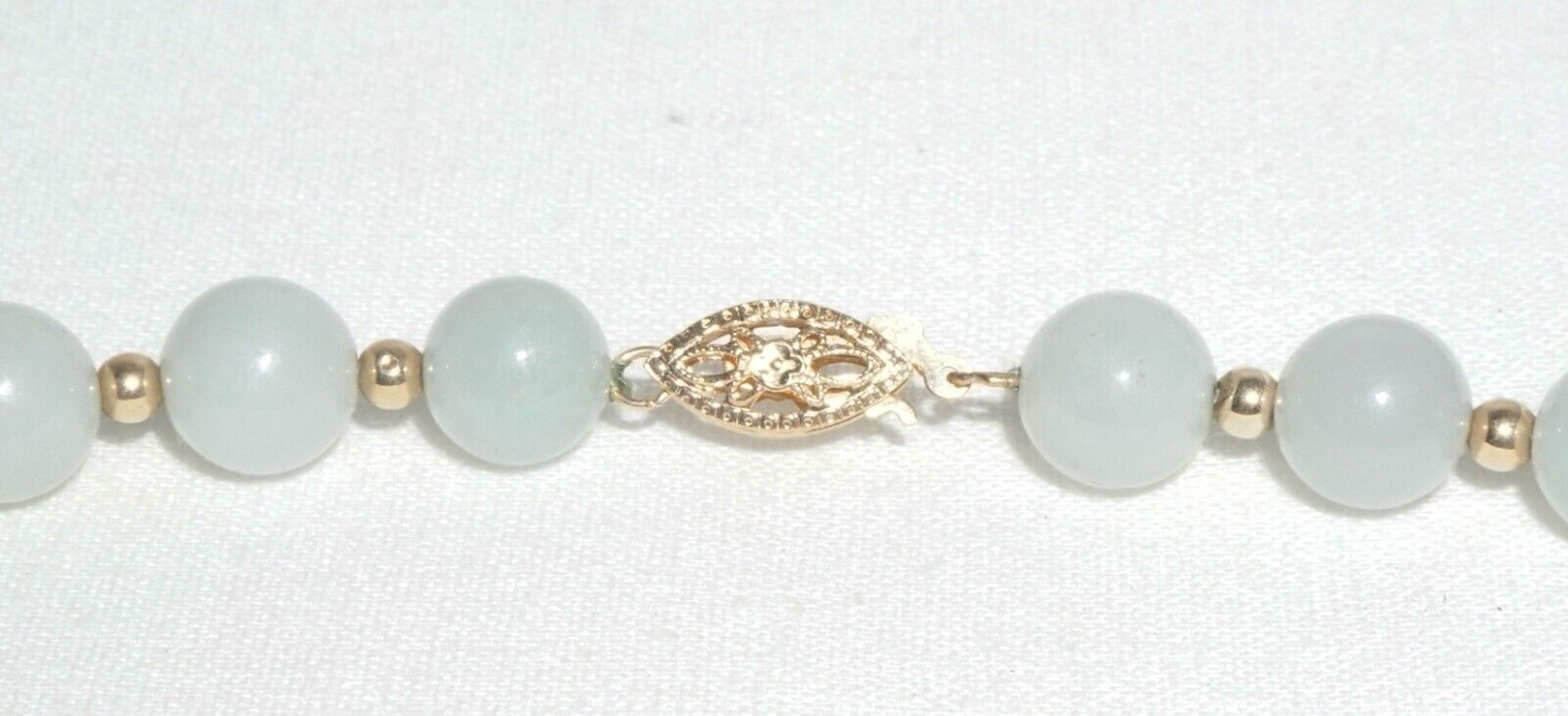 Vintage Chinese Jadeite Jade & Gold Spacer Bead Necklace w. 14k Clasp  (---)