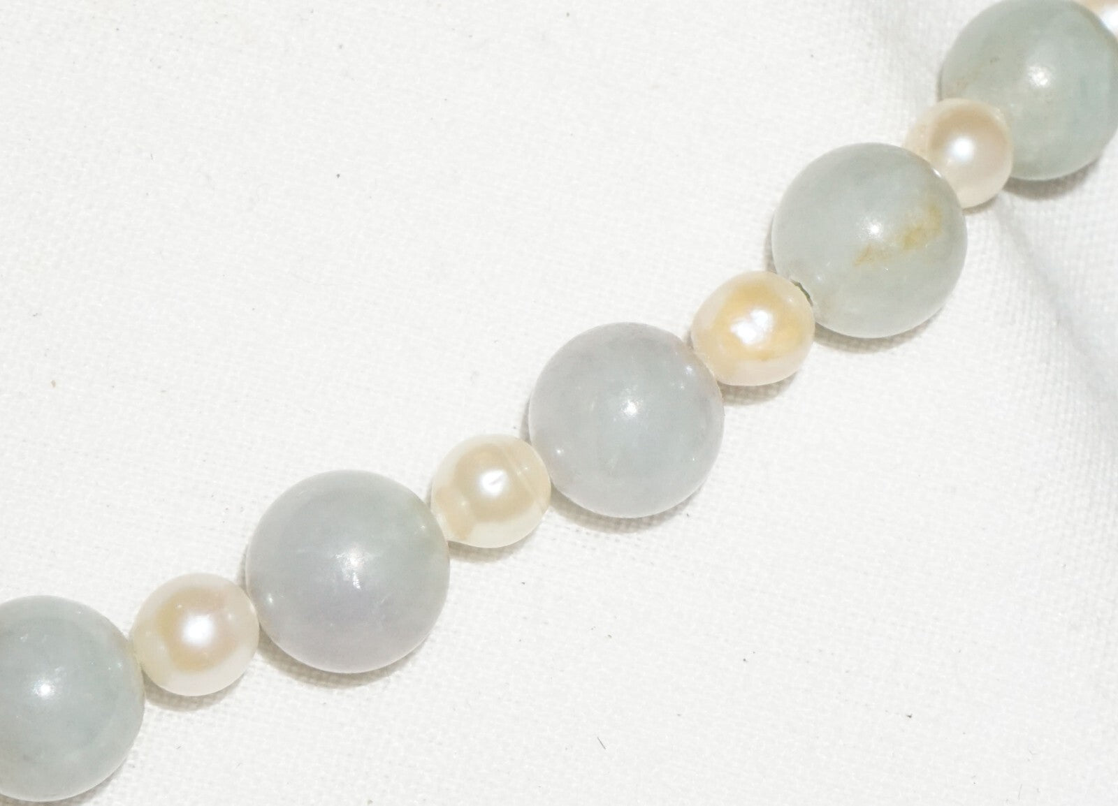Vintage Chinese Jadeite Jade & Pearl Spacer Bead Necklace w. 14k Clasp  (---)