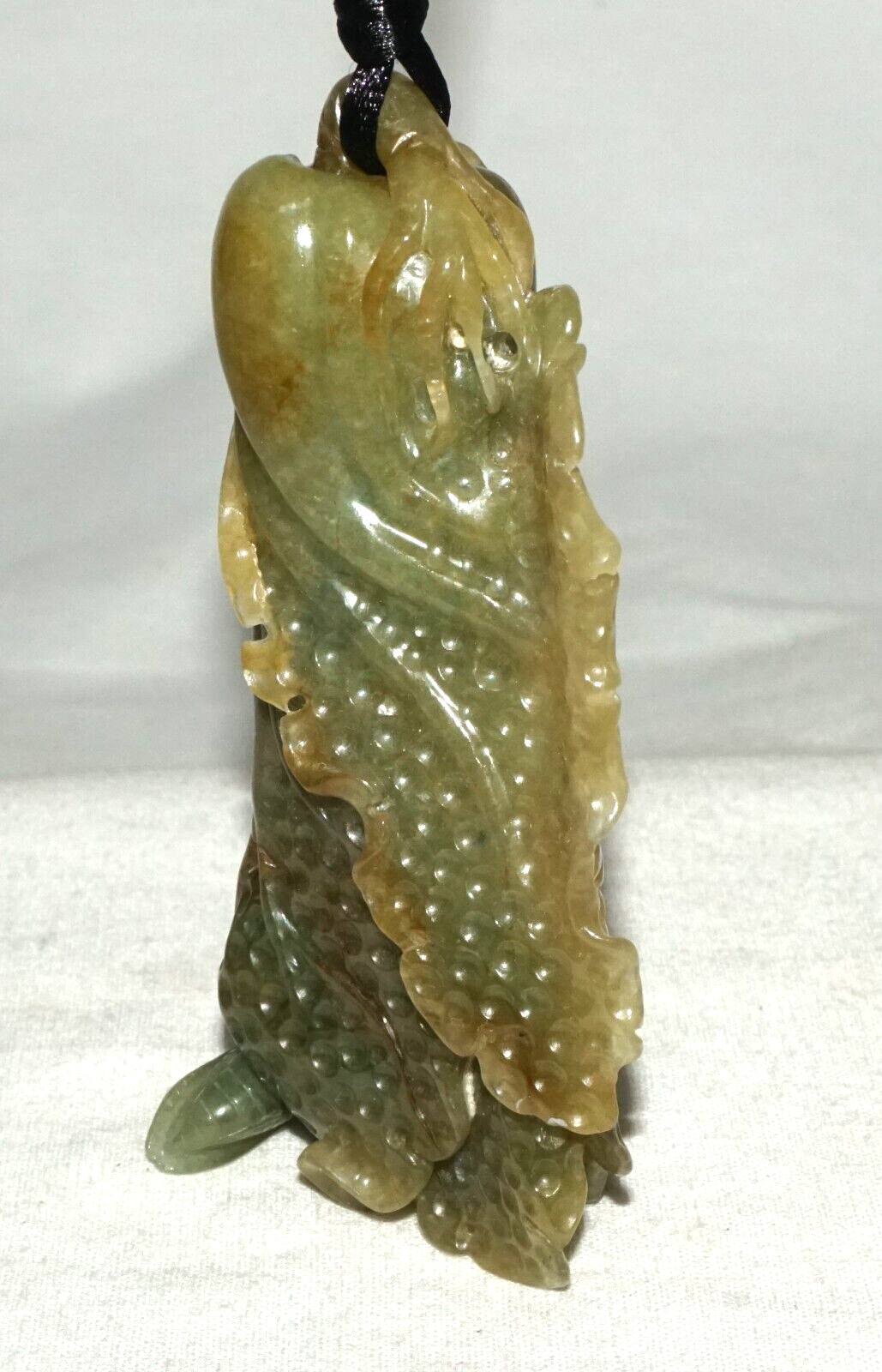 Vintage Chinese Green Jade Cabbage & Bug Motif Large Carved Pendant  (LeS)L20