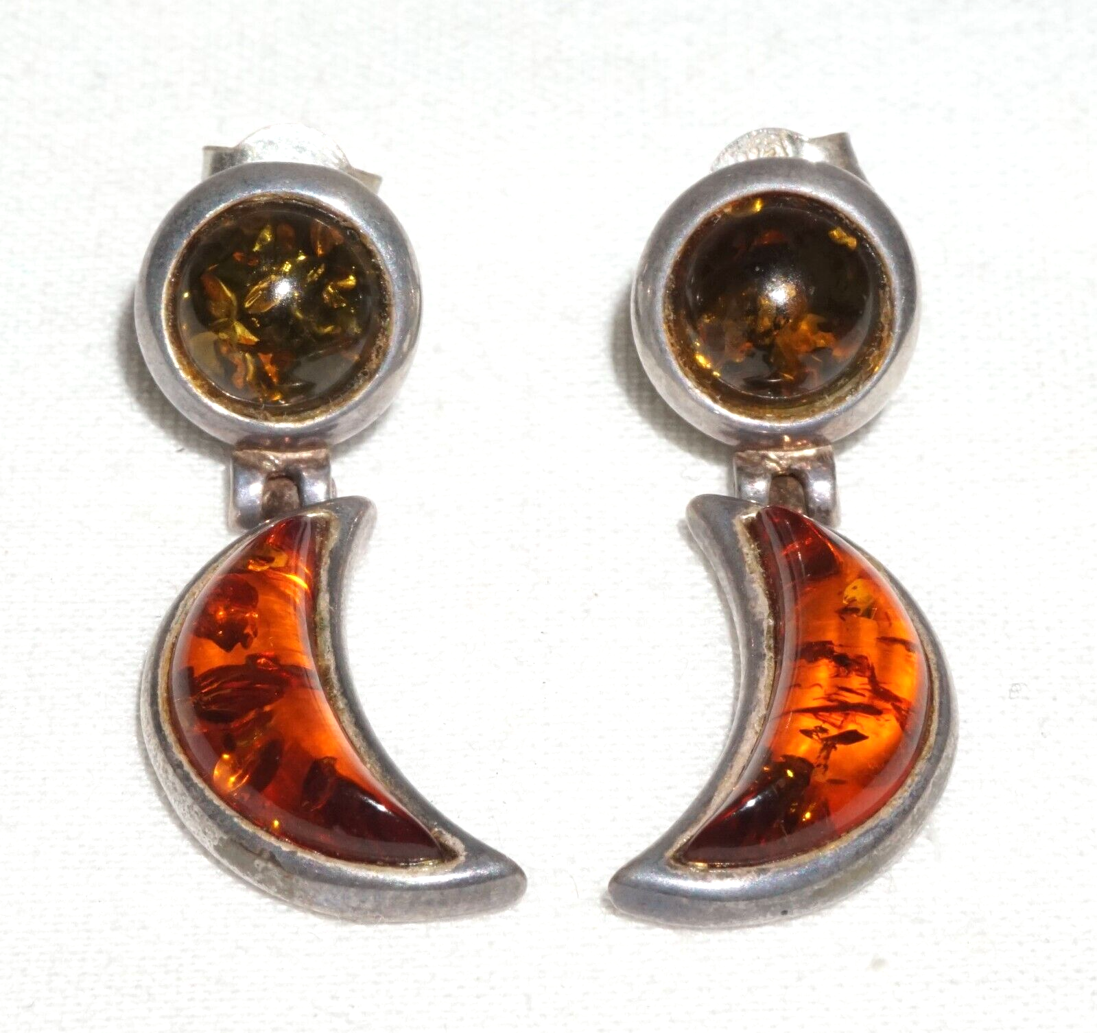 Pair Vintage Sterling Silver & Amber Hinged Dangle Earrings  (JoD)