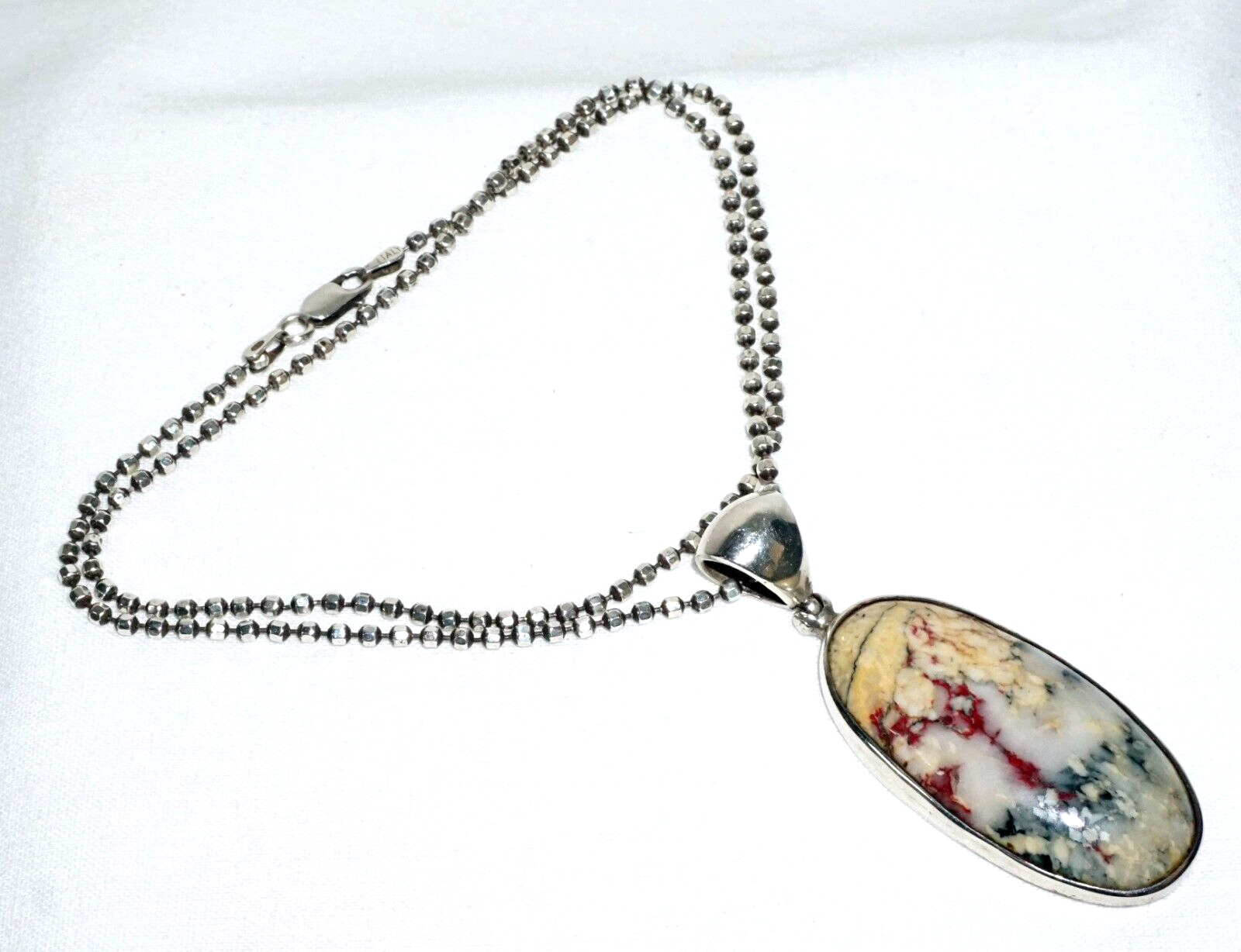 Sterling Silver Necklace w. Silver Set Multi Color Hard Stone Pendant  (LoC)N1