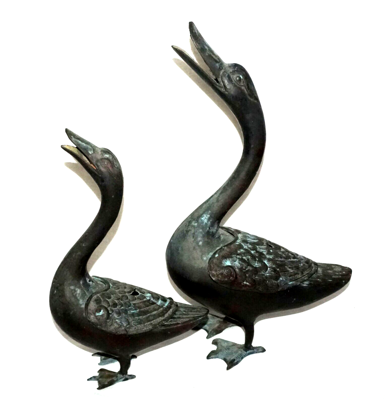 2Pc Chinese Bronze Incense Burners w. Squawking Geese Motif  (NiC)