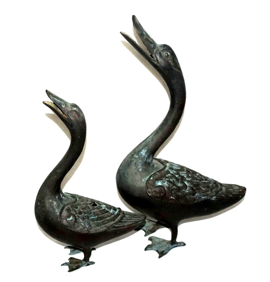 2Pc Chinese Bronze Incense Burners w. Squawking Geese Motif  (NiC)