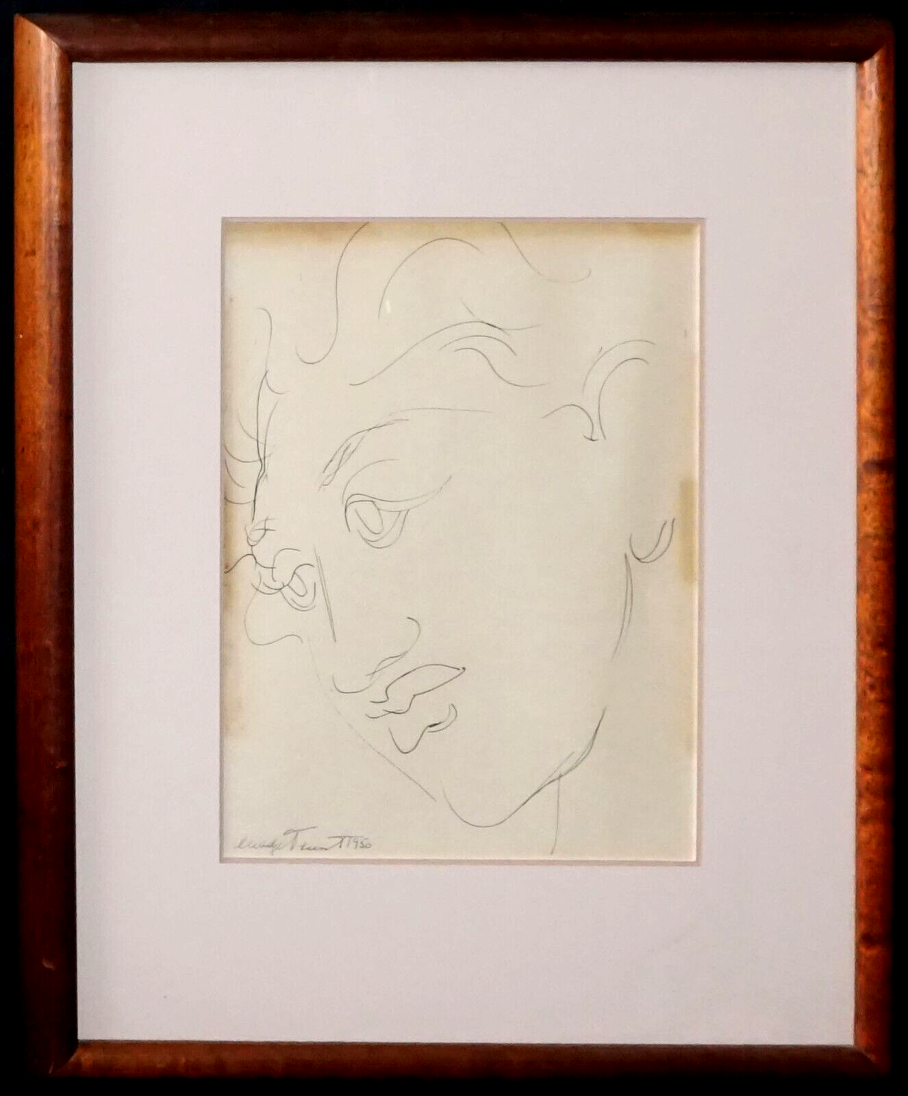 1950 Hawaii Koa Framed Ink Drawing Hawaiian Woman Head by Madge Tennent (PeNe