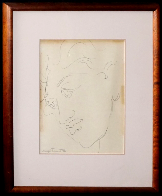 1950 Hawaii Koa Framed Ink Drawing Hawaiian Woman Head by Madge Tennent (PeNe