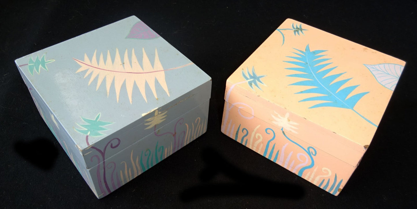 2x 1980s Haitian Wooden Covered Boxes w. Painted Floral Motif (Stea)