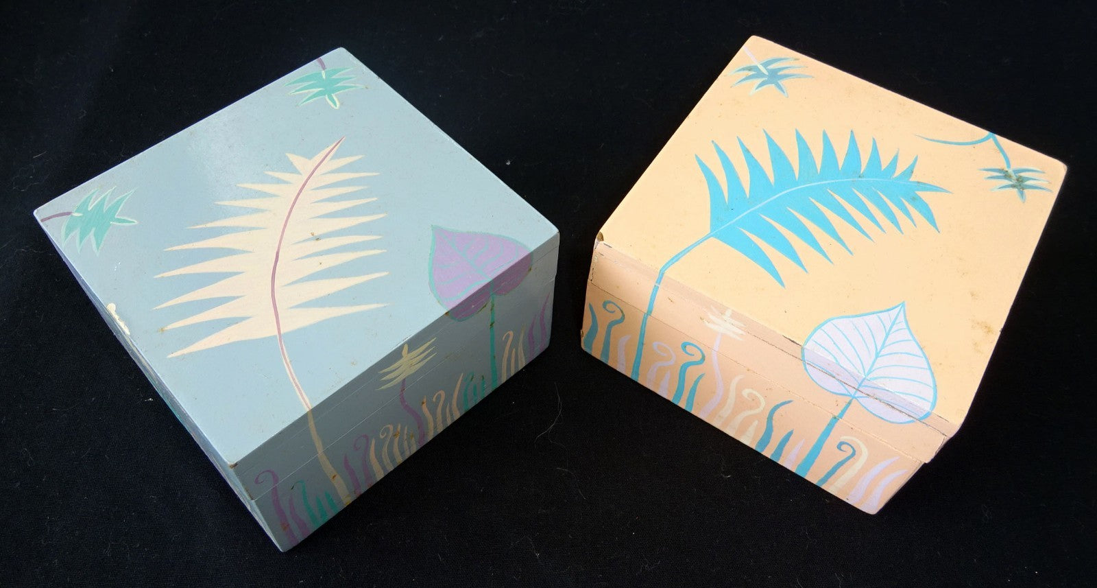 2x 1980s Haitian Wooden Covered Boxes w. Painted Floral Motif (Stea)