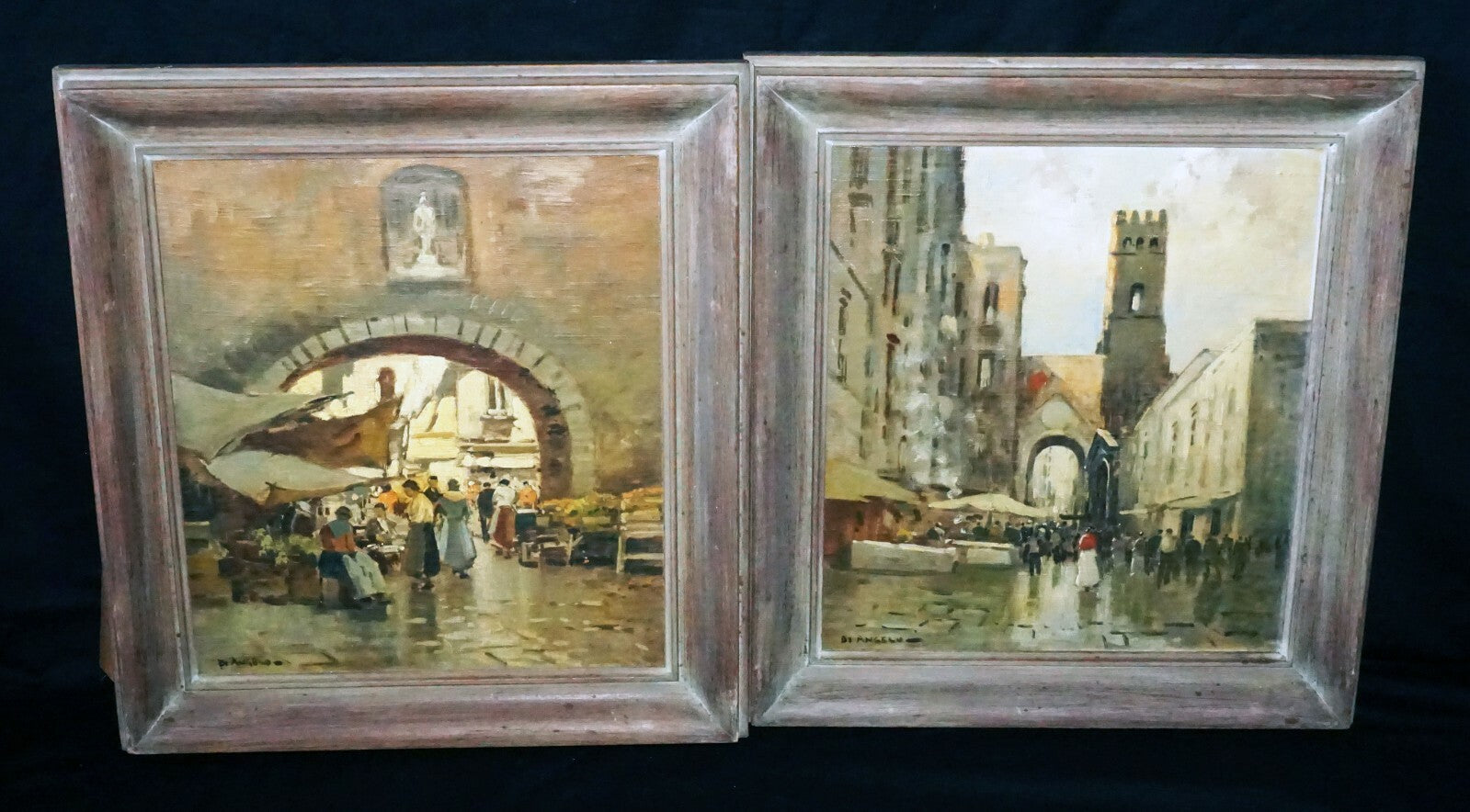 2Pc 40s Italy Oil Paintings Market Scenes by Pasquale D'Angelo  (1896-1955)(MOT)