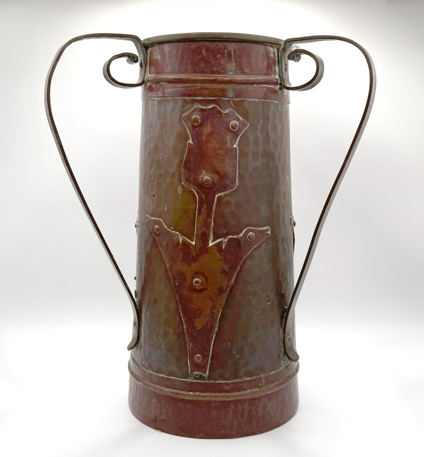 Arts & Crafts Hammered Copper Vase w Riveted Stylized Floral Motif  12" (NeW)