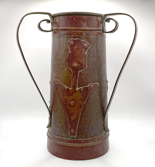 Arts & Crafts Hammered Copper Vase w Riveted Stylized Floral Motif  12" (NeW)